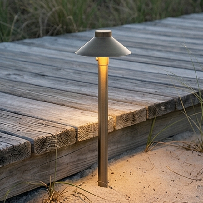 Close-up of a stylish brass path light illuminating a wooden boardwalk in an outdoor setting. The light fixture features a sleek, conical shade and a sturdy post, demonstrating its durable construction and elegant design.