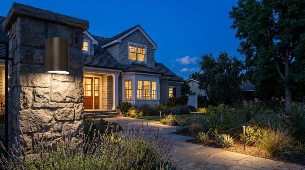 Exterior view of a home at dusk, featuring a brass cylinder wall light installed on a stone pillar. The light illuminates the entrance pathway, highlighting the landscape design.