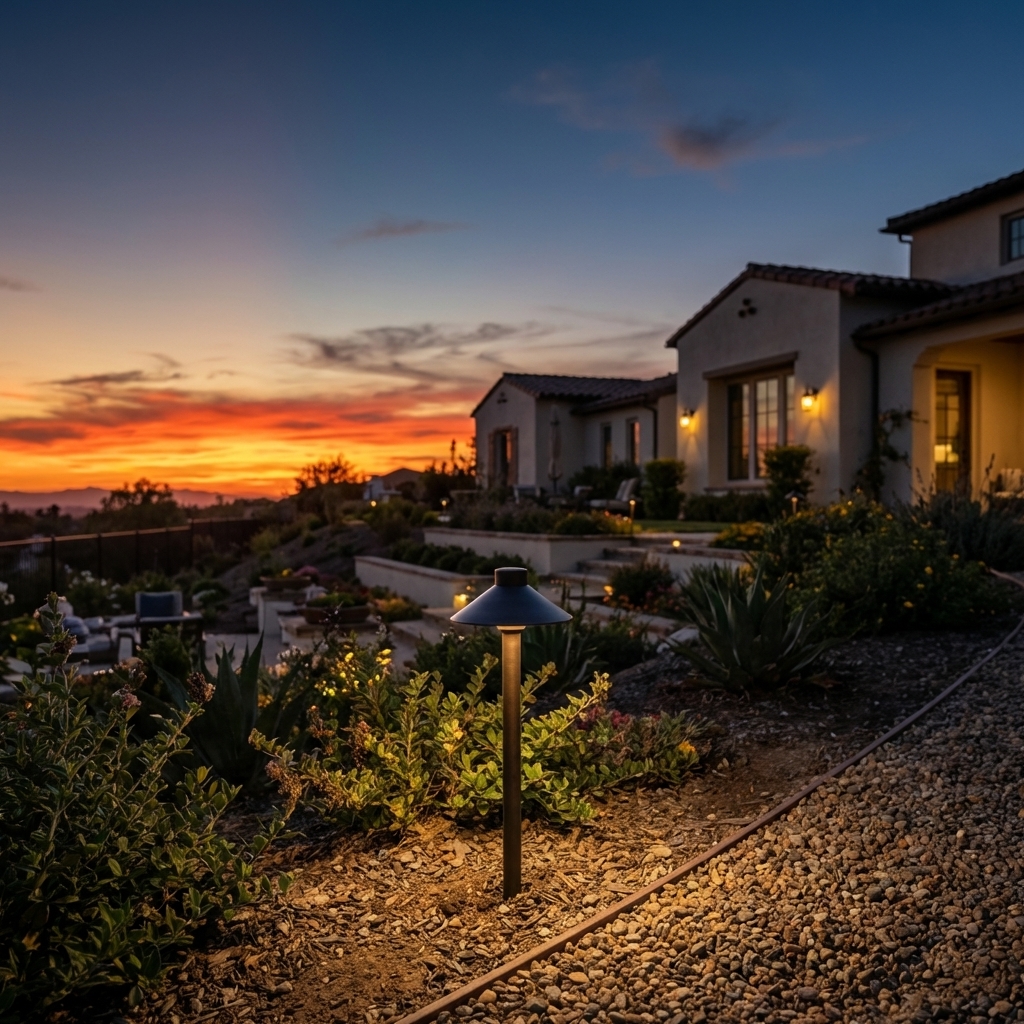 Close-up of a brass path light illuminating a gravel pathway in a landscaped garden at dusk, highlighting the elegant design and outdoor lighting application.