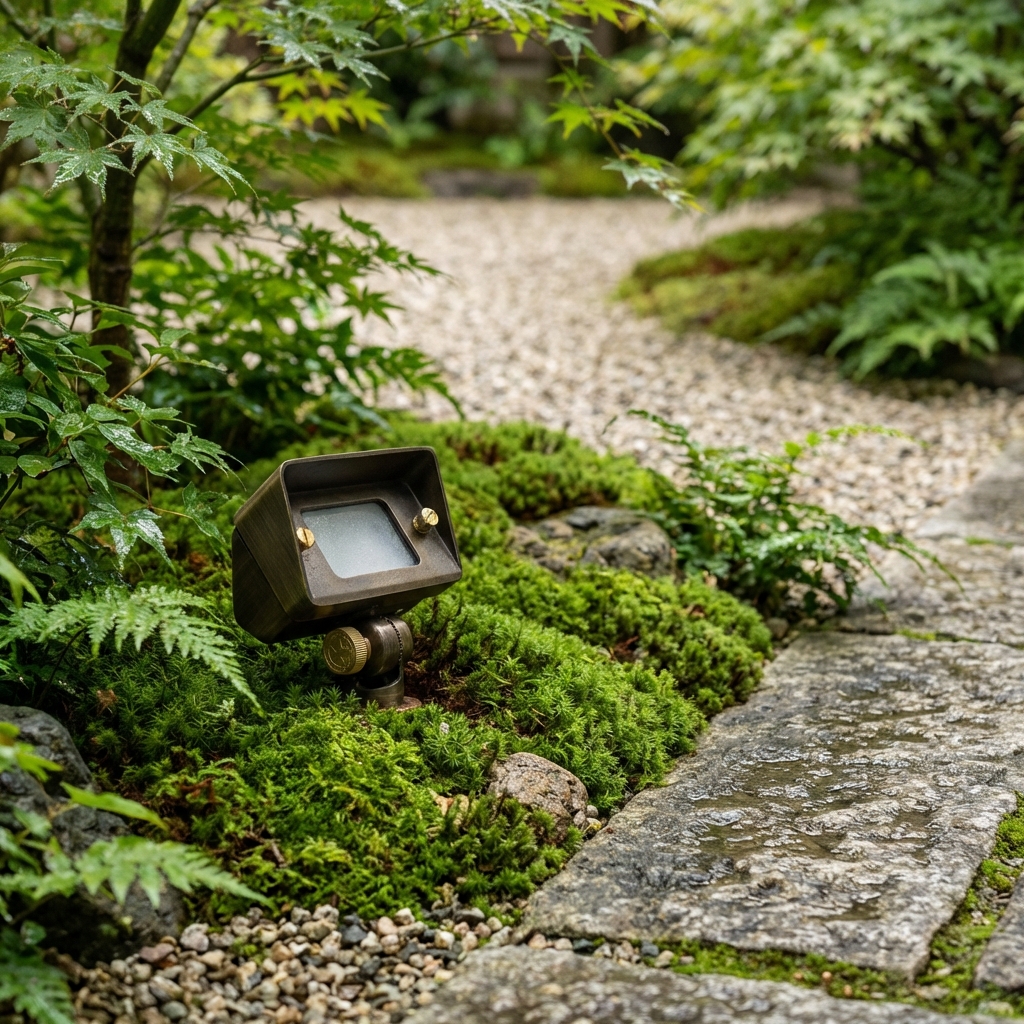 Close-up of a high-quality brass landscape spotlight installed in a garden setting, highlighting the product's durable construction and precision engineering.