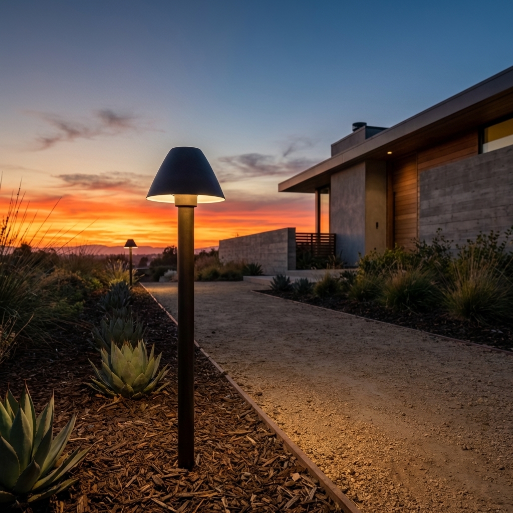 Elegant brass path light illuminating a gravel pathway in a modern landscape design at dusk, showcasing the quality and design of Amat Sinar Lighting's products.