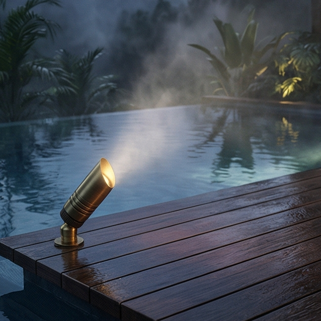 Close-up of a brass spotlight illuminating a pool area at night, demonstrating superior weather resistance and precision manufacturing for outdoor landscape lighting.