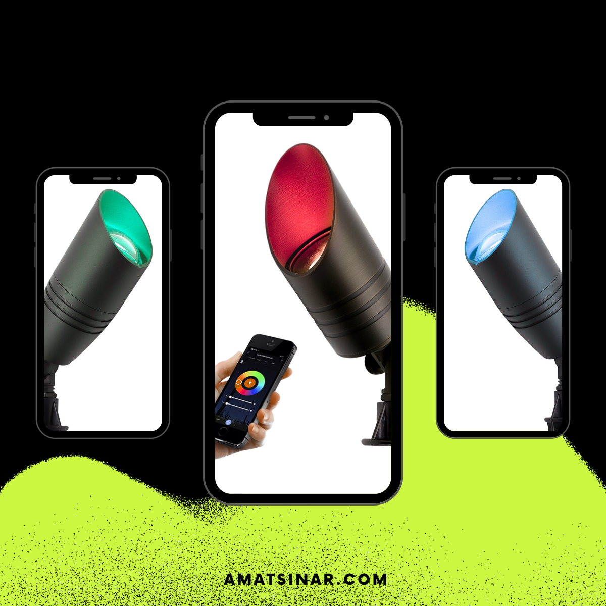 Image featuring three smartphones displaying custom LED spotlights in green, red, and blue. A hand uses a phone to control the colors. The spotlights appear to be made of brass with a focus on color customization for landscape lighting.