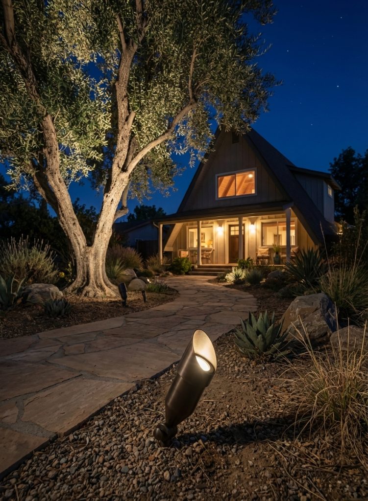 Close-up of a brass spot light illuminating a pathway and tree in a residential landscape at night, showcasing the product's design and application
