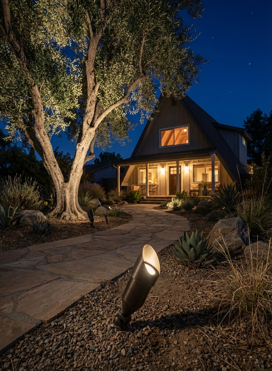 Close-up of a brass spot light illuminating a pathway and tree in a residential landscape at night, showcasing the product's design and application