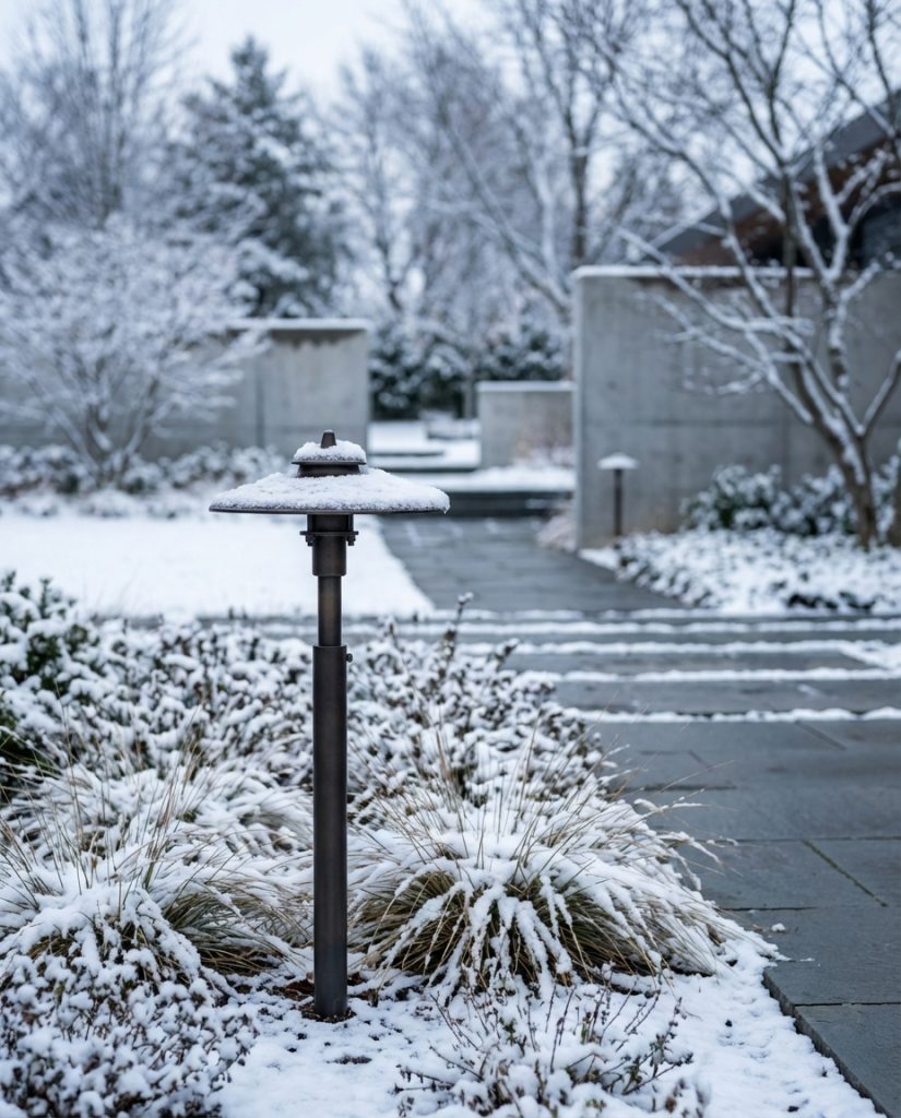 Close-up of a snow-covered brass path light, highlighting the product's design and weather resistance, and showing the landscape and other lighting elements.