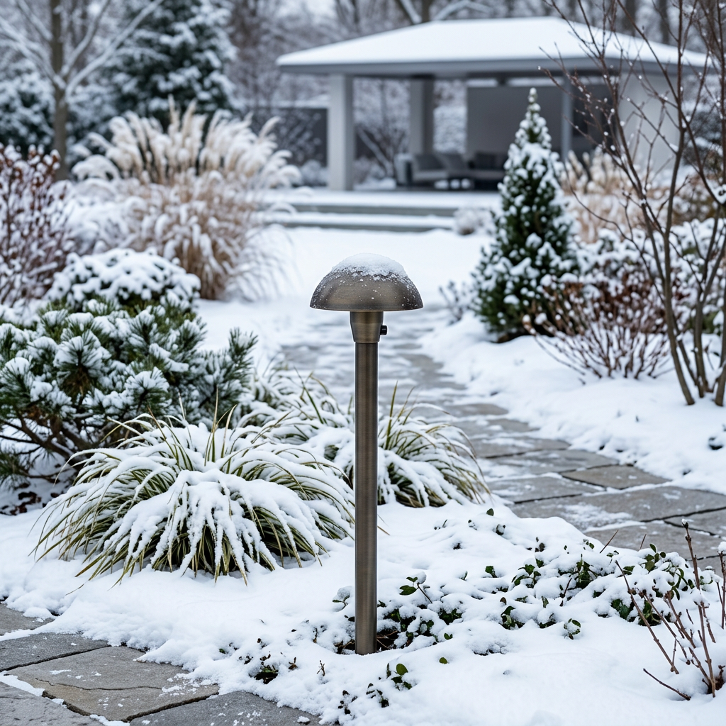 Close-up of a brass path light in a snowy landscape, showcasing weather-resistant design and elegant outdoor lighting.