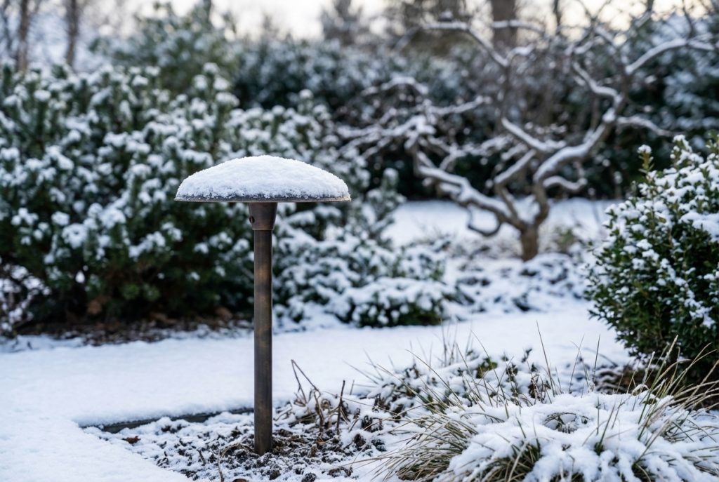 Close-up of a brass path light in a snowy landscape, showcasing its durable construction and elegant design, ideal for OEM landscape lighting projects.