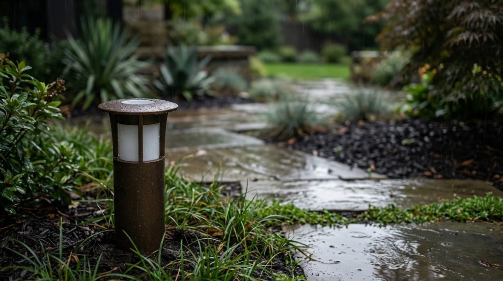 A bronze brass path light illuminating a wet garden pathway during a rain shower, showcasing weather-resistant design and landscape integration.