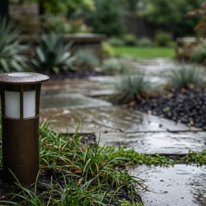 A bronze brass path light illuminating a wet garden pathway during a rain shower, showcasing weather-resistant design and landscape integration.