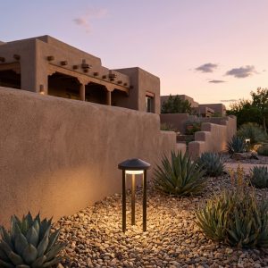Close-up of a modern brass path light illuminating a gravel pathway in a landscaped garden, highlighting its elegant design and construction.