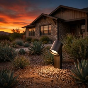 Close-up shot of a brass landscape spotlight illuminating a garden setting with a house in the background at sunset, showcasing durability and design.