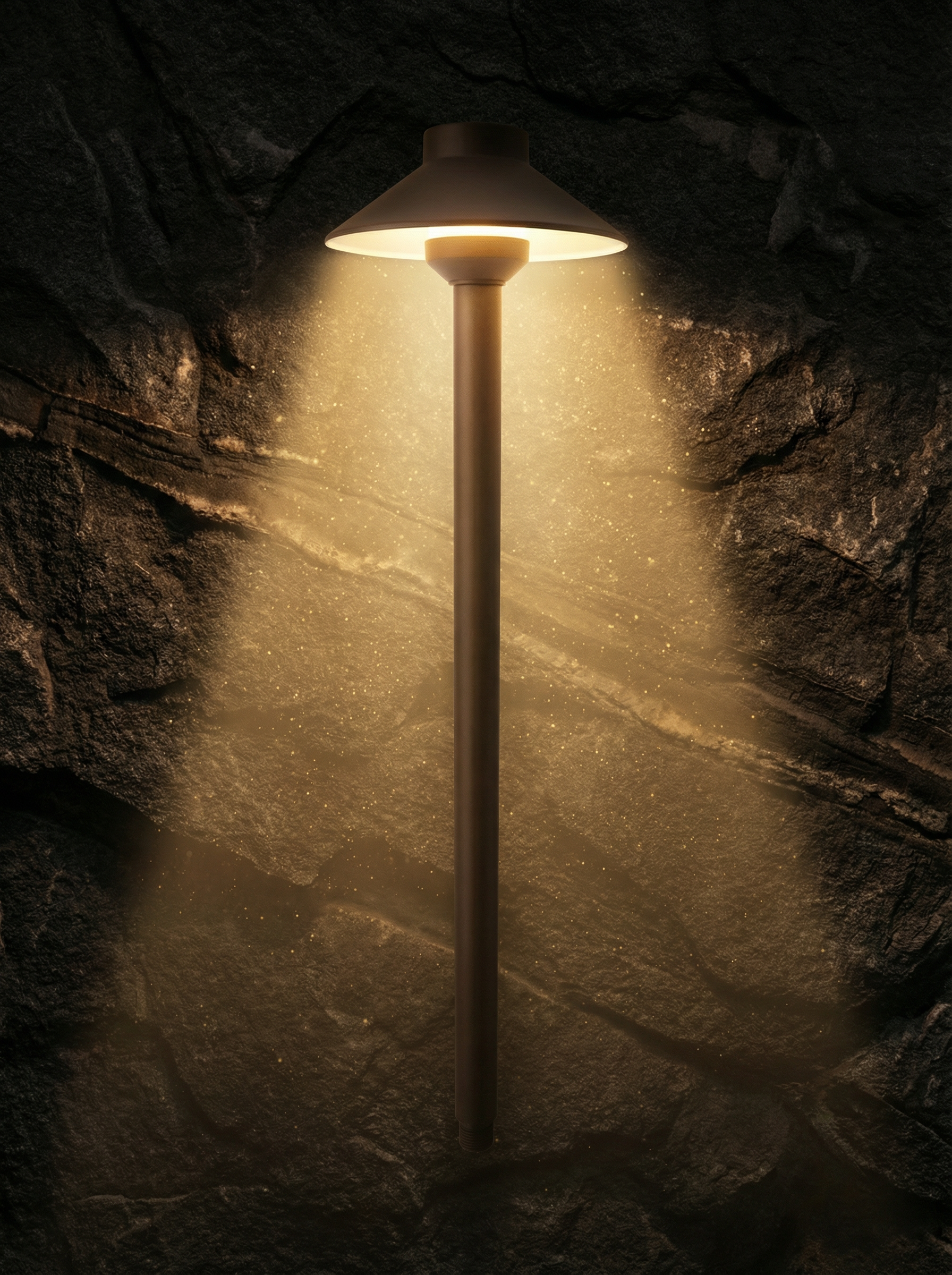 Close-up view of a bronze path light illuminating a textured stone backdrop, highlighting its design and lighting effect.