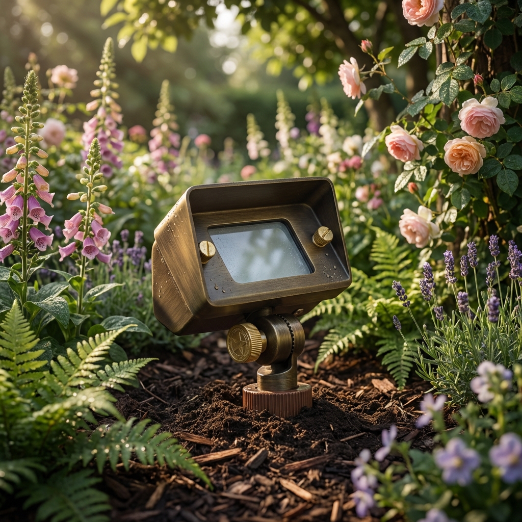 A close-up of a brass spotlight installed in a garden bed, surrounded by lush green ferns, pink foxgloves, lavender, and pink roses.