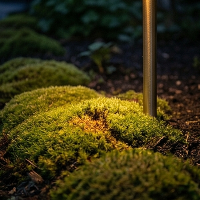 Close-up of lush green moss illuminated by warm light from a brass outdoor fixture.
