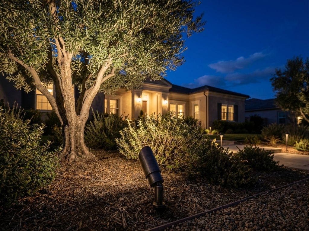 A dark brass spotlight angled upwards, illuminating a large olive tree and surrounding shrubs in a garden at dusk, with a modern house in the background.