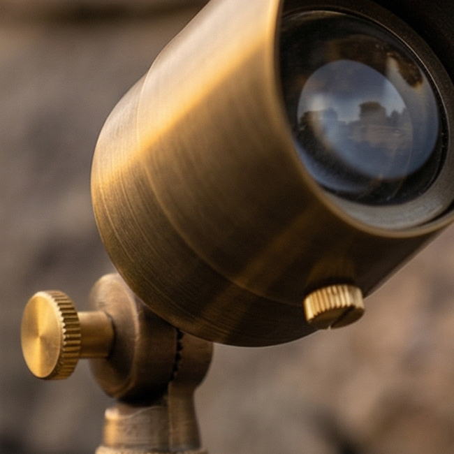 Close-up of a brass spot light fixture, showing the detailed knurled adjustment knobs and the reflective lens, with a textured background.