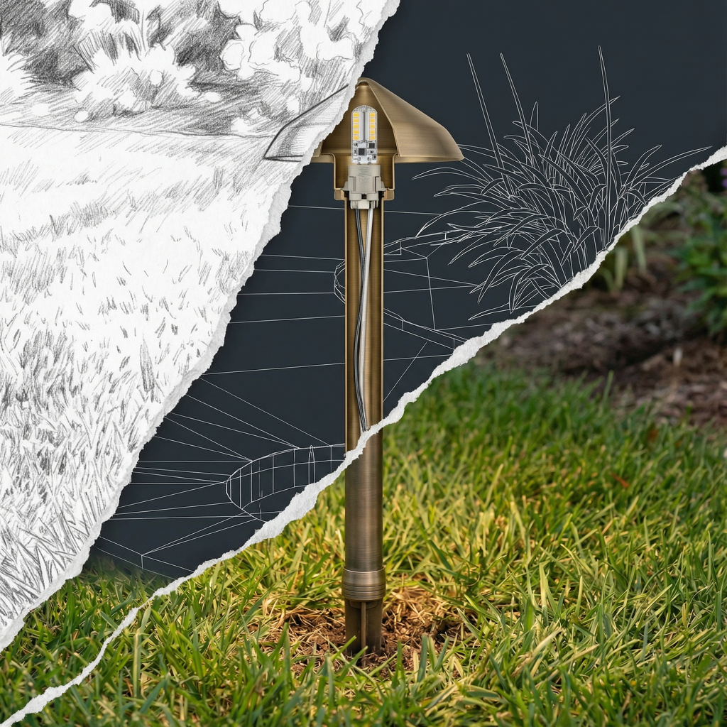 A brass path light with an exposed LED bulb, positioned in lush green grass, with a torn paper effect revealing a pencil sketch of trees and grass on the left, and a blueprint-style wireframe design of foliage and structure on the right.