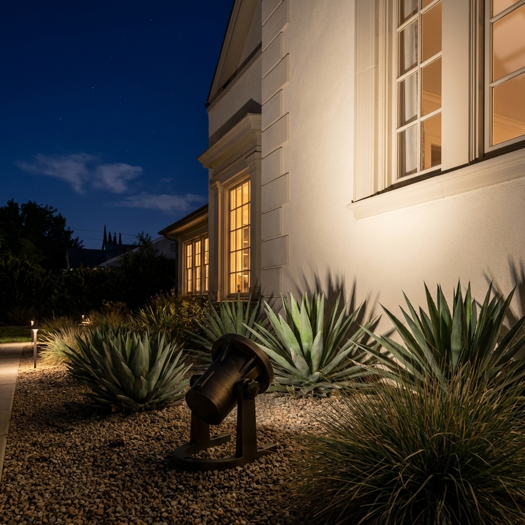 A brass in-ground spot light fixture is angled upwards, illuminating a large agave plant and the exterior wall of a building at dusk.