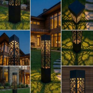 A collage of images showcasing modern black bollard lights with intricate cut-out designs, casting warm light patterns on a lush green lawn and pathways, set against the backdrop of a contemporary luxury home at dusk.