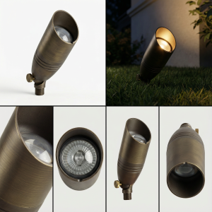 A collection of brass spot lights, showcasing different angles and details, including close-ups of the brass material and the light bulb assembly.
