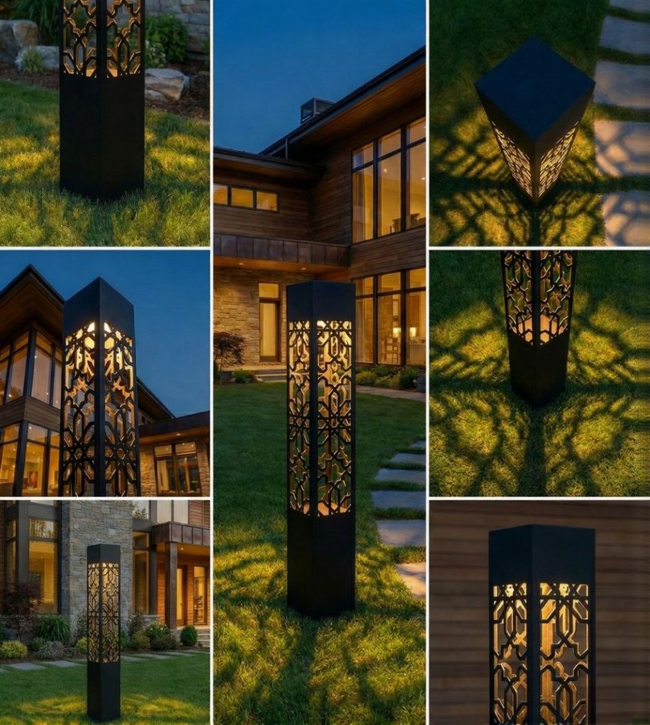A collage of images showcasing modern black bollard lights with intricate cut-out designs, casting warm light patterns on a lush green lawn and pathways, set against the backdrop of a contemporary luxury home at dusk.