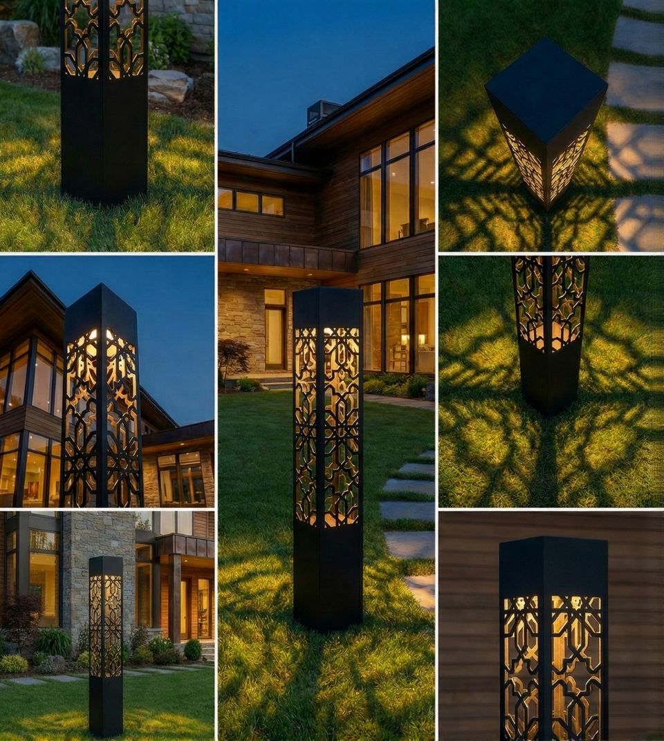 A collage of images showcasing modern black bollard lights with intricate cut-out designs, casting warm light patterns on a lush green lawn and pathways, set against the backdrop of a contemporary luxury home at dusk.