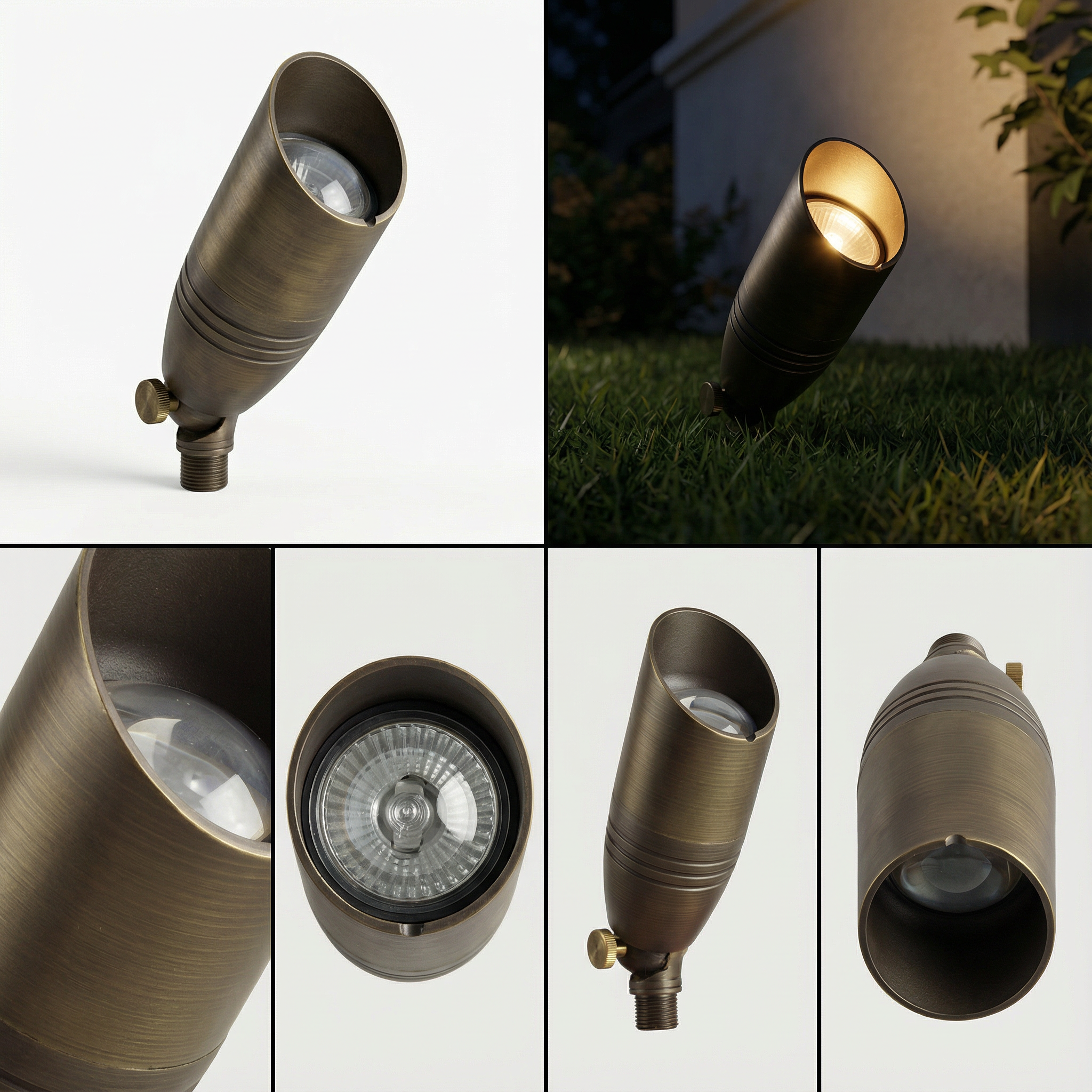 A collection of brass spot lights, showcasing different angles and details, including close-ups of the brass material and the light bulb assembly.