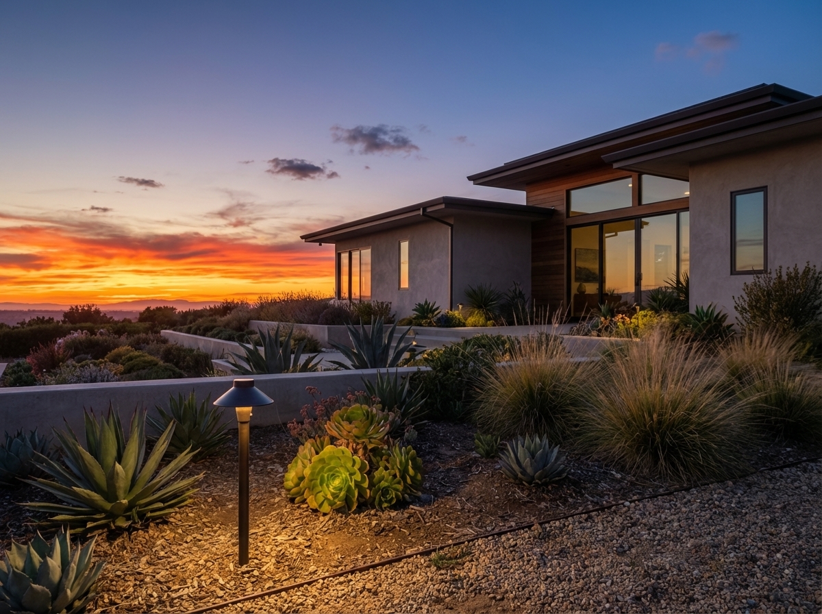 A brass landscape path light illuminates the foreground of a modern home's exterior landscaping at sunset, with succulents and ornamental grasses.
