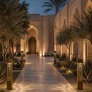 A modern geometric bollard light with intricate cutouts casting a patterned light onto a paved pathway at dusk.