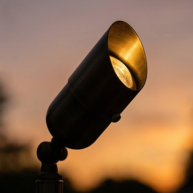 A close-up shot of a dark brass spotlight with its internal light source illuminated, set against a blurred sunset sky.