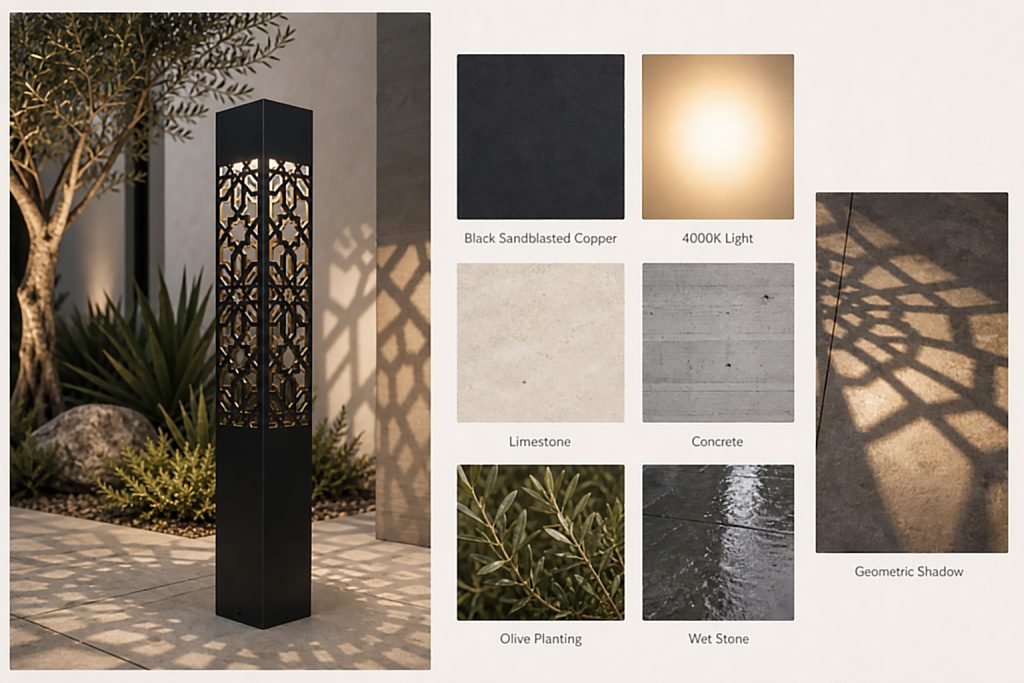 A black, rectangular geometric bollard light with an intricate, laser-cut pattern casting a detailed shadow on the paved ground. The light is situated outdoors in a landscaped setting with an olive tree and architectural plants.