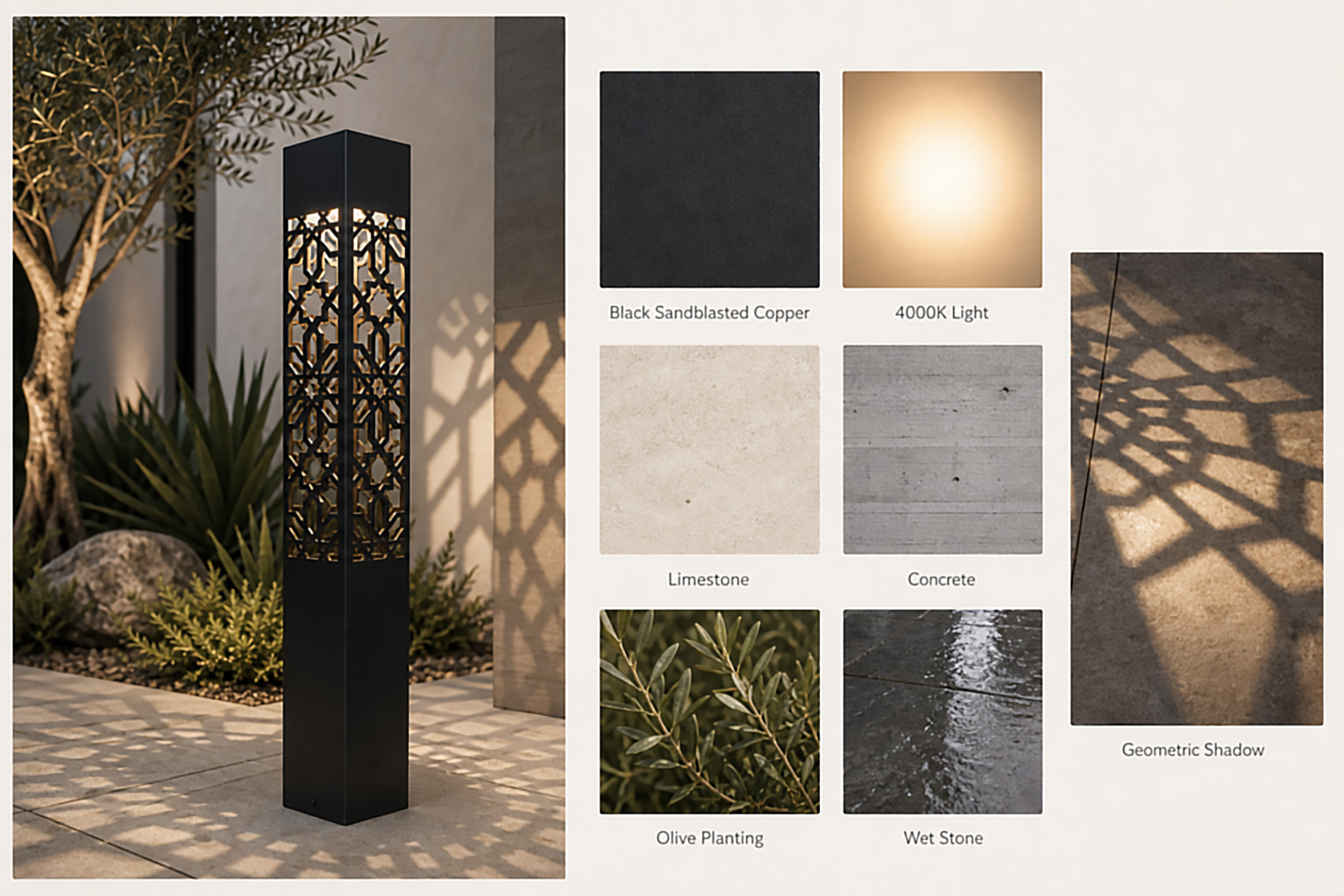 A black, rectangular geometric bollard light with an intricate, laser-cut pattern casting a detailed shadow on the paved ground. The light is situated outdoors in a landscaped setting with an olive tree and architectural plants.