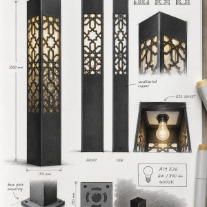 Sketch of a tall, dark geometric bollard light with intricate star-like patterns cut into its sides, casting patterned light on the ground. The bollard is shown in various views, including front and side profiles, with detailed drawings of its base mounting, internal socket, and a pattern study. Dimensions and technical notes like '1000 mm' and 'E26 SOCKET' are visible, alongside a smaller illustration of the bollard in an outdoor setting with plants and shadow projections.