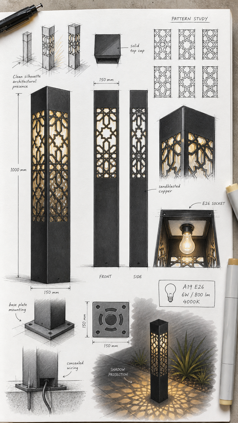 Sketch of a tall, dark geometric bollard light with intricate star-like patterns cut into its sides, casting patterned light on the ground. The bollard is shown in various views, including front and side profiles, with detailed drawings of its base mounting, internal socket, and a pattern study. Dimensions and technical notes like '1000 mm' and 'E26 SOCKET' are visible, alongside a smaller illustration of the bollard in an outdoor setting with plants and shadow projections.