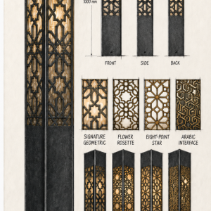A detailed architectural sketch of a tall, rectangular geometric bollard light featuring intricate, layered patterns. The bollard has a dark, textured finish and a warm interior light source that illuminates the geometric cutouts, casting decorative shadows. Several detail views of different geometric patterns and three-sided views of the bollard are also shown.